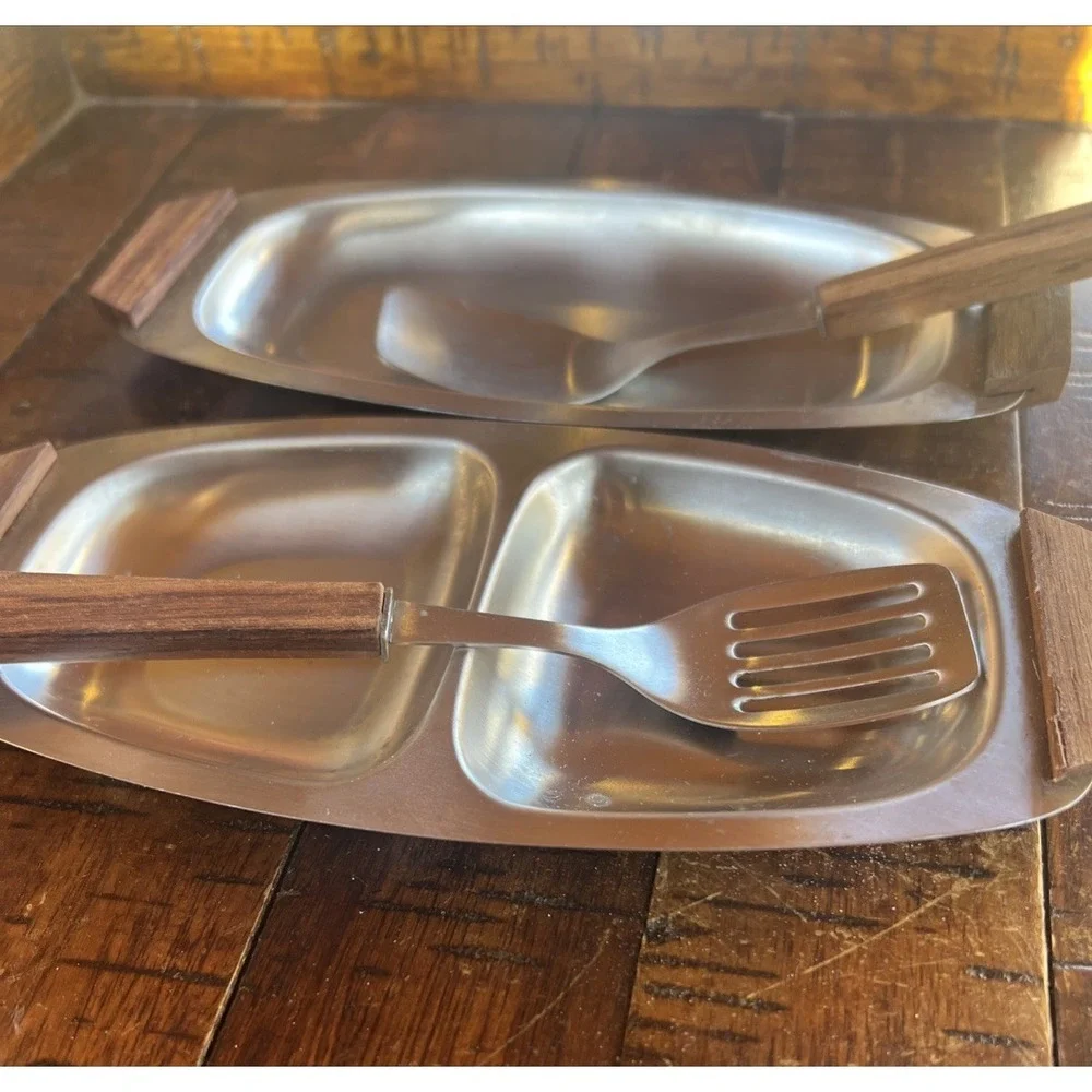 MID CENTURY MODERN‎ Vintage Stainless Steel & Wood Trays JAPAN & Utensils Relish
